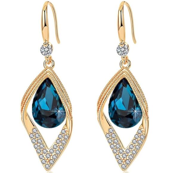 14K Yellow Gold with London Blue Topaz Austrian Crystal Leaf Teardrop Earrings - Picture 1 of 7